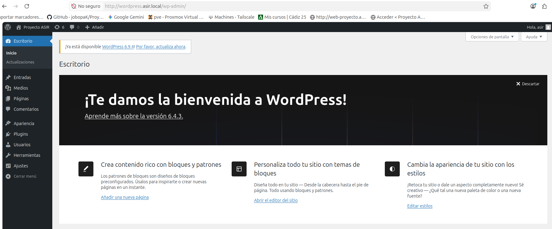 Panel de WordPress operando en el clúster